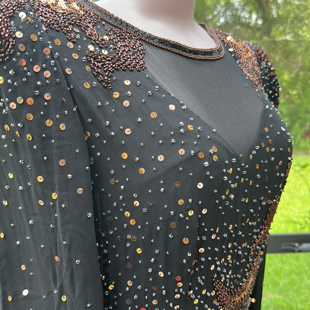 Vintage 80s A.J. Bari Size 6 Black Silk Sequin Beaded Illusion Dress - Picture 4 of 12